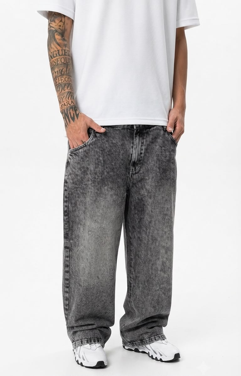 Calça Jeans Balão/Baggy Cinza-Marmorizado