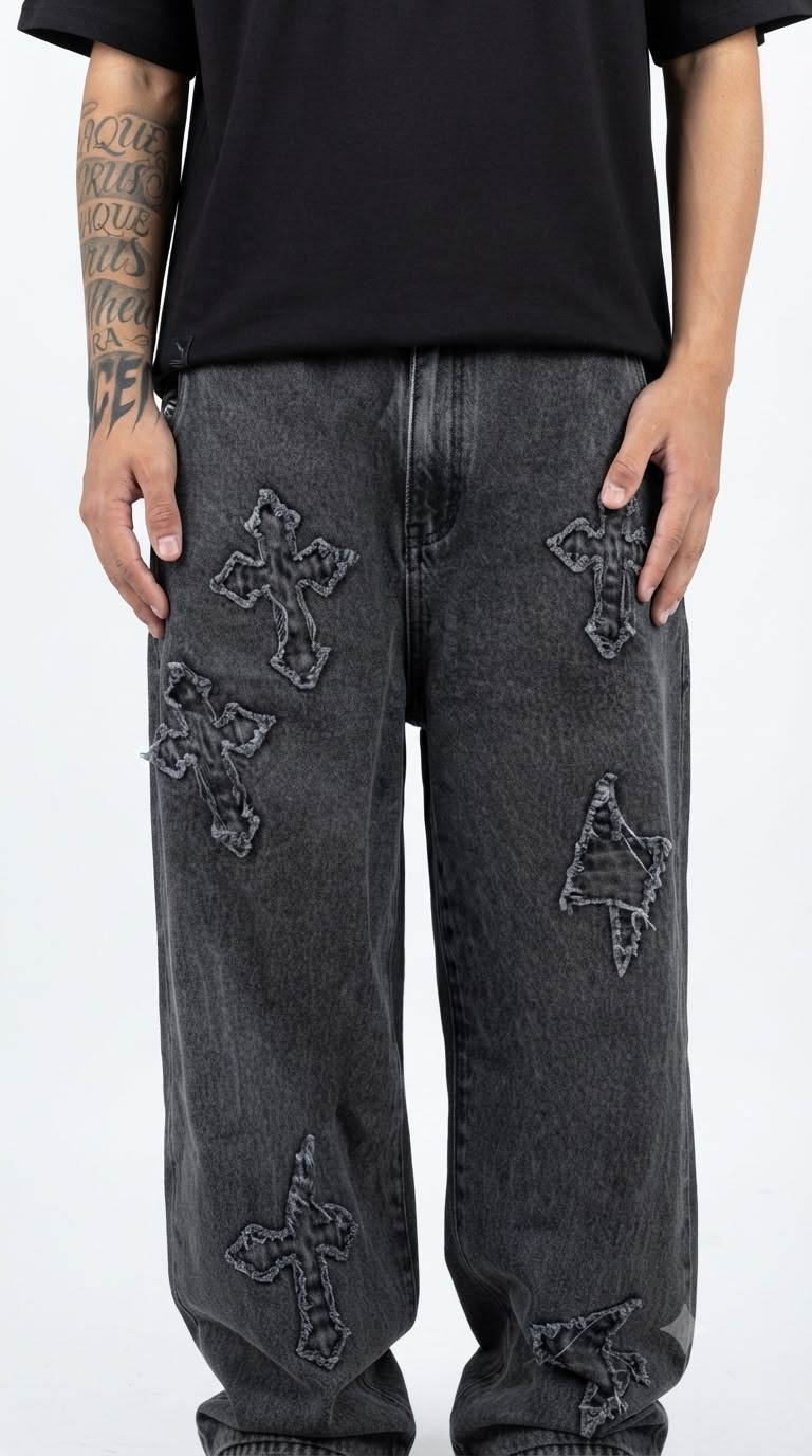 Calça Jeans Balão/Baggy "Patchwork" Preto Estonado