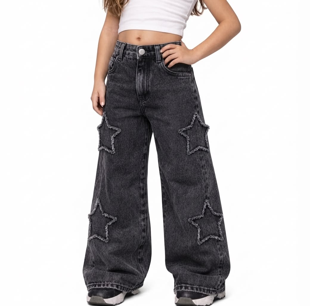 Calça Jeans Wide leg Juvenil Feminina Marmorizada